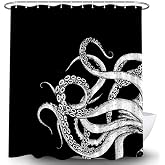 Octopus Decor Shower Curtain for Bathroom, Funny Black and White Sea Monster Kraken Animal Goth Fabric Shower Curtains Set, Unique Novelty Nautical Gothic Restroom Accessories with Hooks 72X72