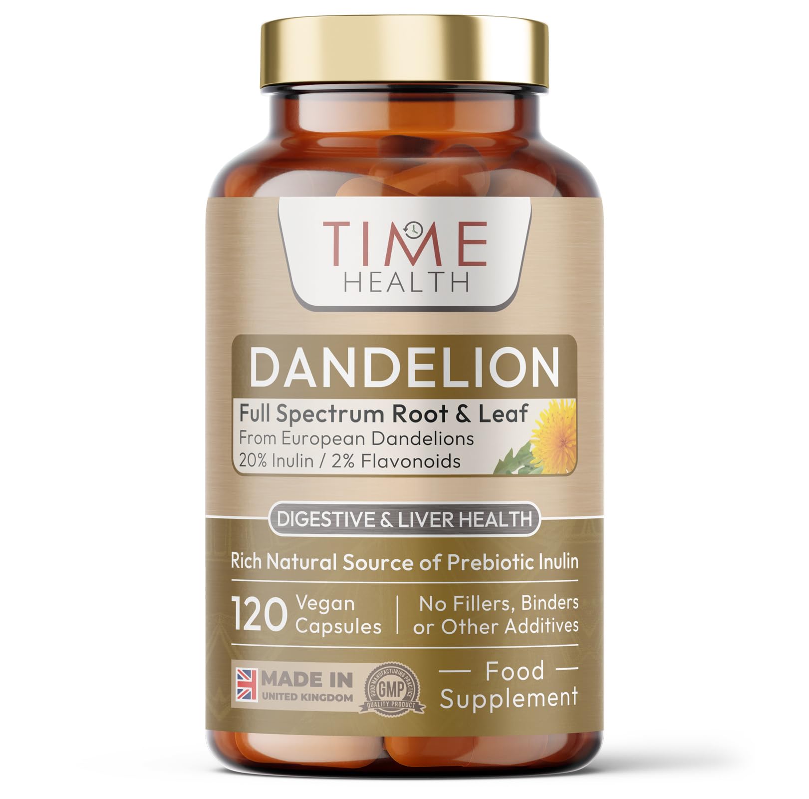 European Dandelion Extract Capsules - Full Spectrum Root & Leaf - High Strength 2400mg Wholefood Equivalent - 20% Inulin / 2% Flavanoids - Vegan - No Fillers or Flow Agents - 120