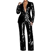 Women Sequin Pants Suit Party Night 2 Piece Outfits Blazer Sets Formal Prom High Waist Glitter Pants Suits