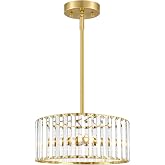 Gold Crystal Chandelier for Dining Room, 3-Light Modern Semi Flush Mount Ceiling Pendant Light Fixture, Round Pendant Lights Kitchen Island, Chandelier for Living Room Bedroom Hallway Entryway, E12