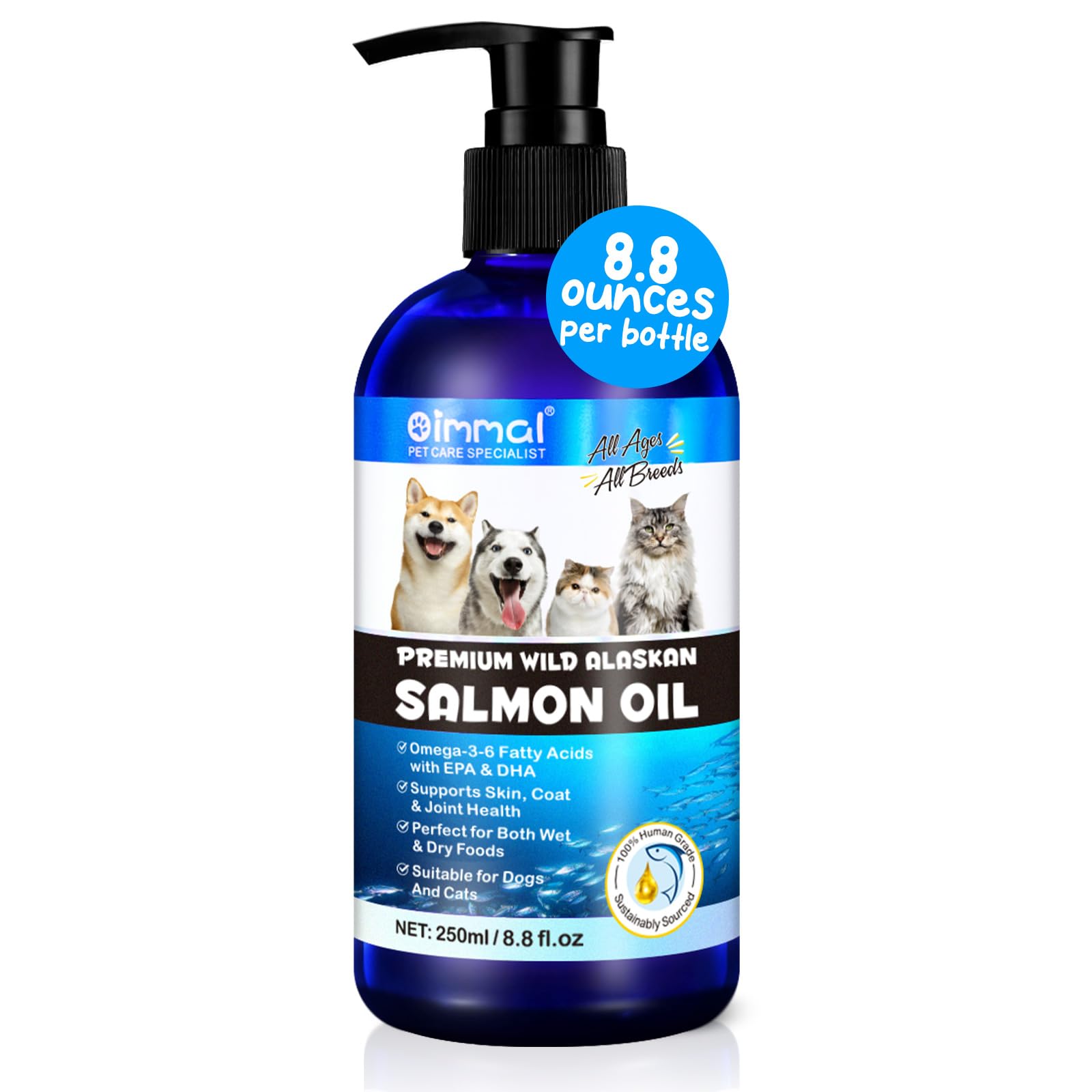 Alaskan Salmon Oil for Dogs & Cats (8.8 oz) - Pure Omega 3 Fish Oil with Omega 6 Fatty Acids, EPA & DHA - Anti-inflammation for Dogs Skin and Coat - Natural Pet Joint, Immune, Brian & Heart Supplement