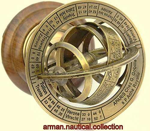 Antique Astrolabe Brass Sphere Armillary Collectible Nautical DecorWooden Base