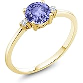 Gem Stone King 10K Yellow Gold Blue Tanzanite and White Created Sapphire Solitaire Engagement Ring For Women (0.93 Cttw, Round 6MM, Gemstone December Birthstone)