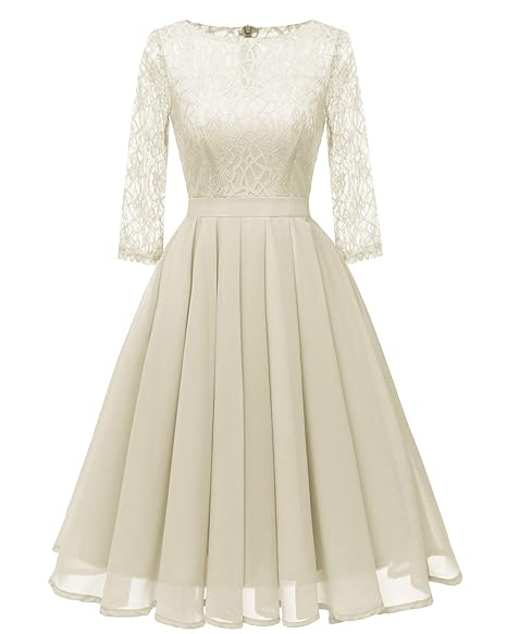 Bright Deer Damen Midi-Spitzenkleid 2-in-1-Skaterkleid mit Chiffon-Rock