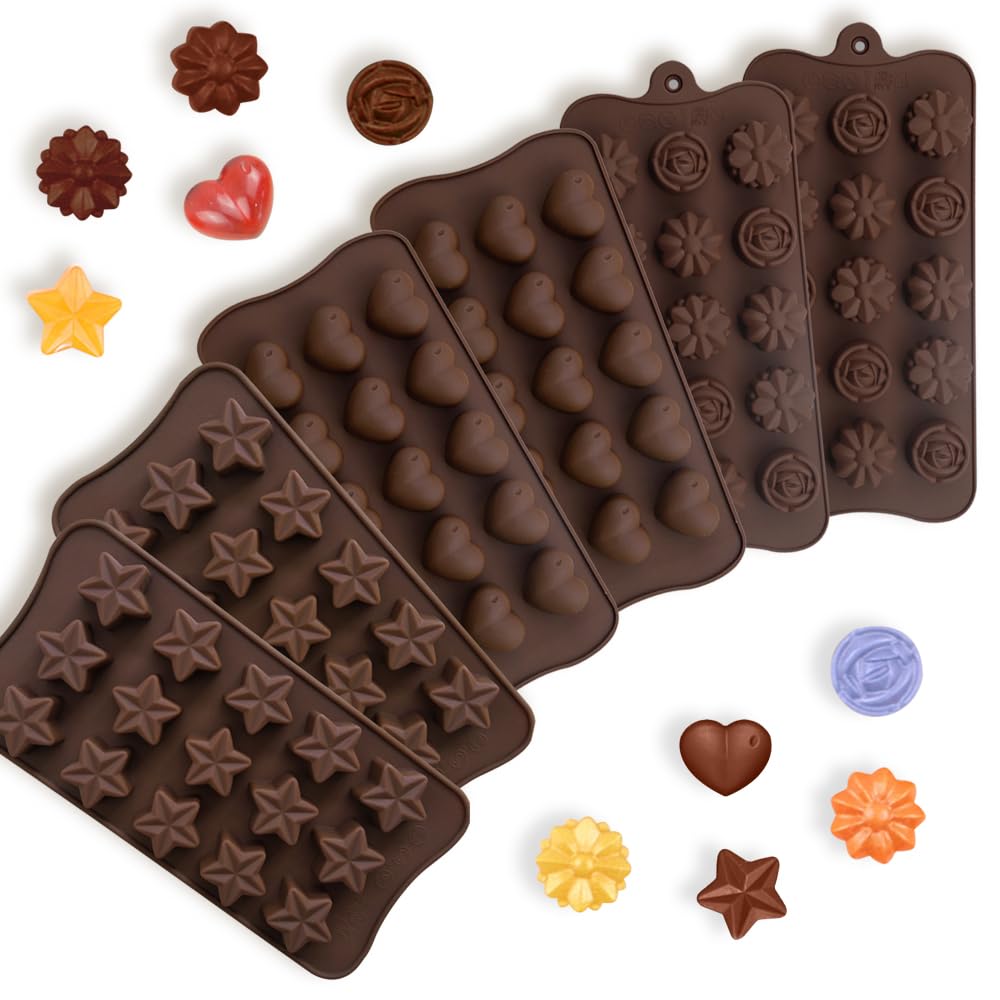 LIUCONGBD 6PCS Chocolate Moulds Silicone Candy Moulds, Heart Rose Flower Shape Jelly Moulds Wax Melt Moulds, Non-Stick Star Shape Baking Mould for Cake Decoration Ice Cubes Soap Gummy