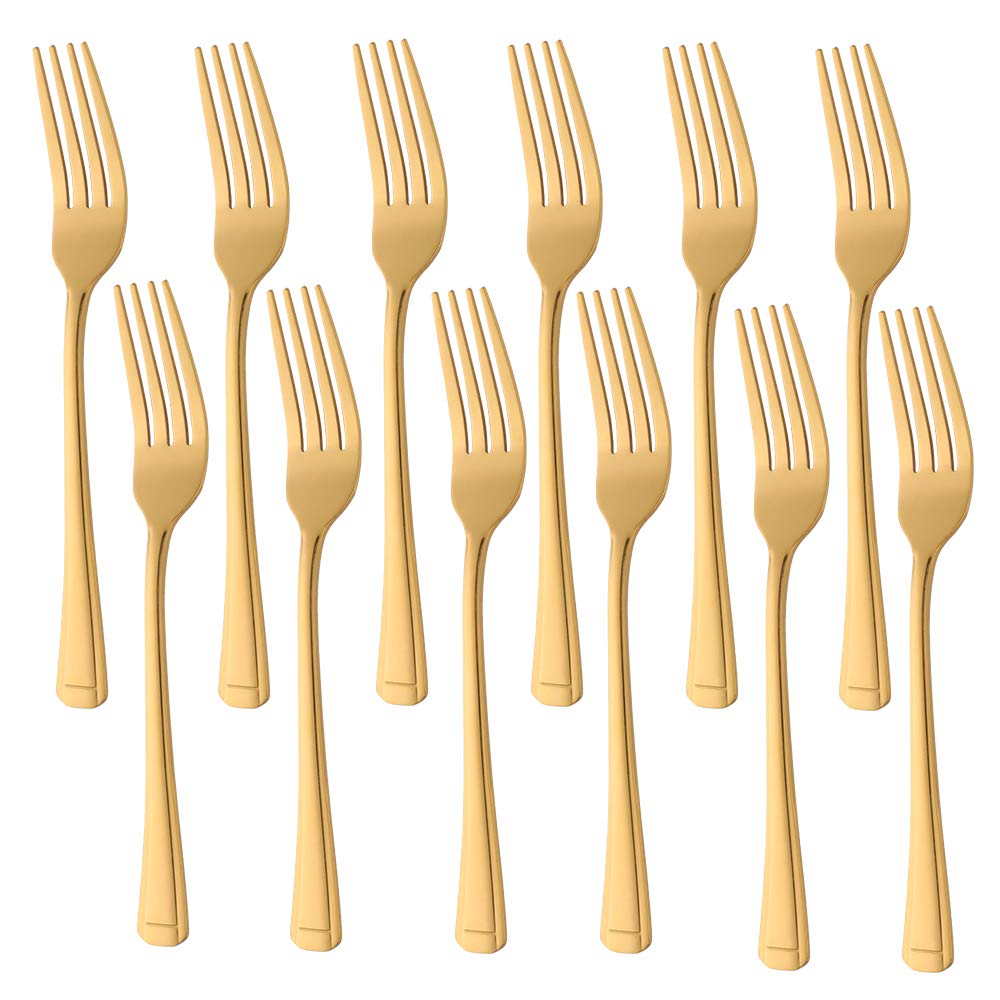 Buyer Star 12 Piece Dessert Forks, Gold Stainless Steel Dinnerware for Home Kichen or Restaurant, Mirror Polished Flatware