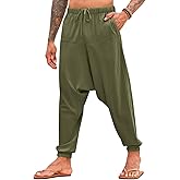 PASLTER Mens Harem Pants Baggy Casual Cotton Linen Boho Yoga Drop Crotch Hippie Trousers