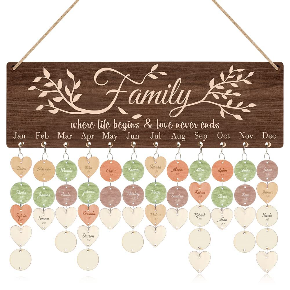 CHDITB Vintage Family Reminder Board (16''x5'') Rustic Wooden Hanging Birthday Reminder with 100pcs Wood Tags, DIY Calendar Plaque Sign Gift for Friend/Mother/Grandma