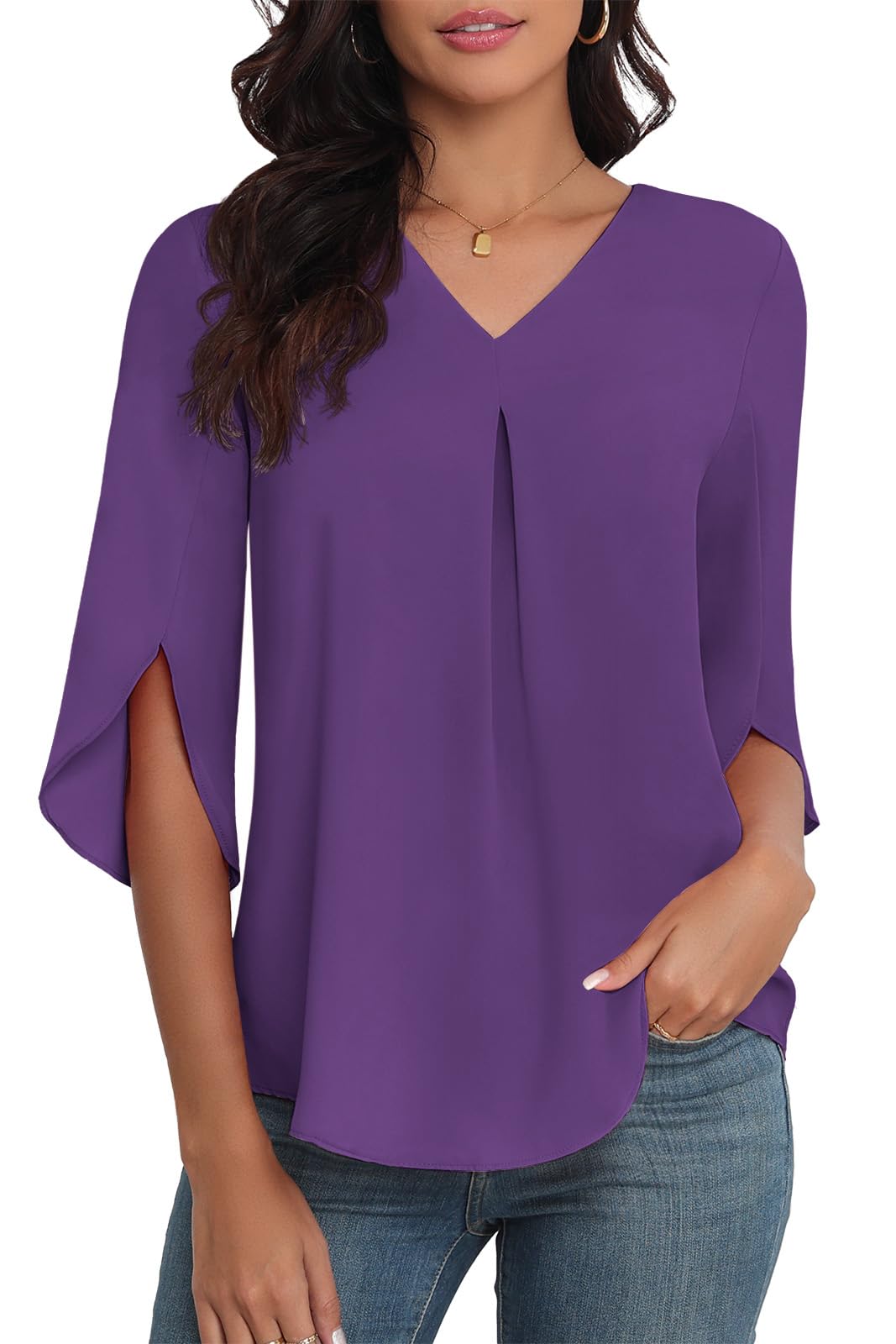 LAOLASI Summer Blouses Ruffle Split Short Sleeve V Neck Casual Dressy ...