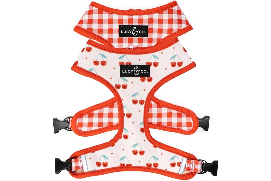 Lucy & Co. Reversible Dog Harness - Water-Repellent Neoprene, Dual-Print Design, Easy Swap Style, Adjustable Comfort Fit - Cheery Cherries Reversible Harness - Medium