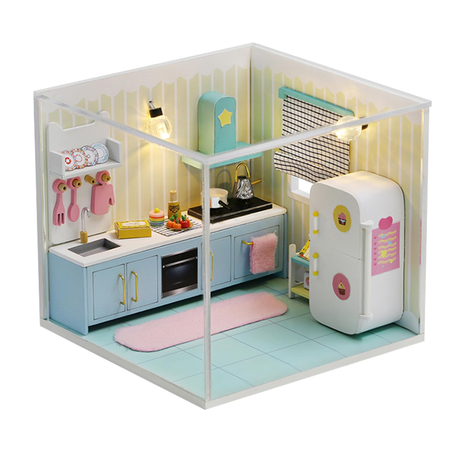 OSDUE DIY Miniature Dolls House Kits, Mini House Kit with Furniture, Mini Kitchen Study 3D Jigsaw Puzzle Model, Wooden Building Kits with LED Lights Craft Kits For Adults Book Shelf Decoration Gift