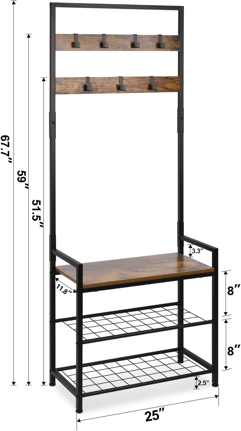 HOMEKOKO Coat Rack Shoe Bench, Hall Tree Entryway Storage Bench, Wood Look Accent Furniture with Metal Frame, 3-in-1 Design (Rustic Brown): Home & Kitchen