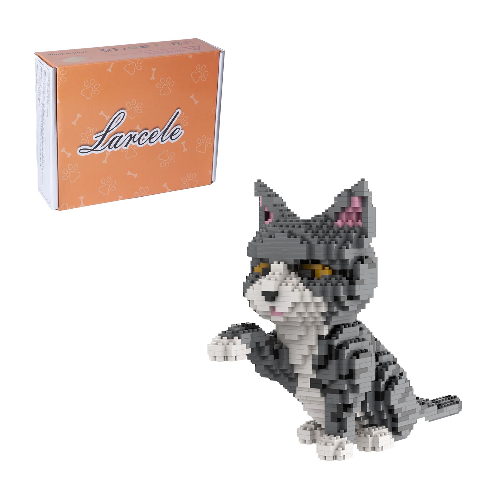 Larcele Mini Building Blocks Animal Set, DIY Micro 3D Building Toy Bricks,1300 pcs KLJM-05 (Grey and White Cat)