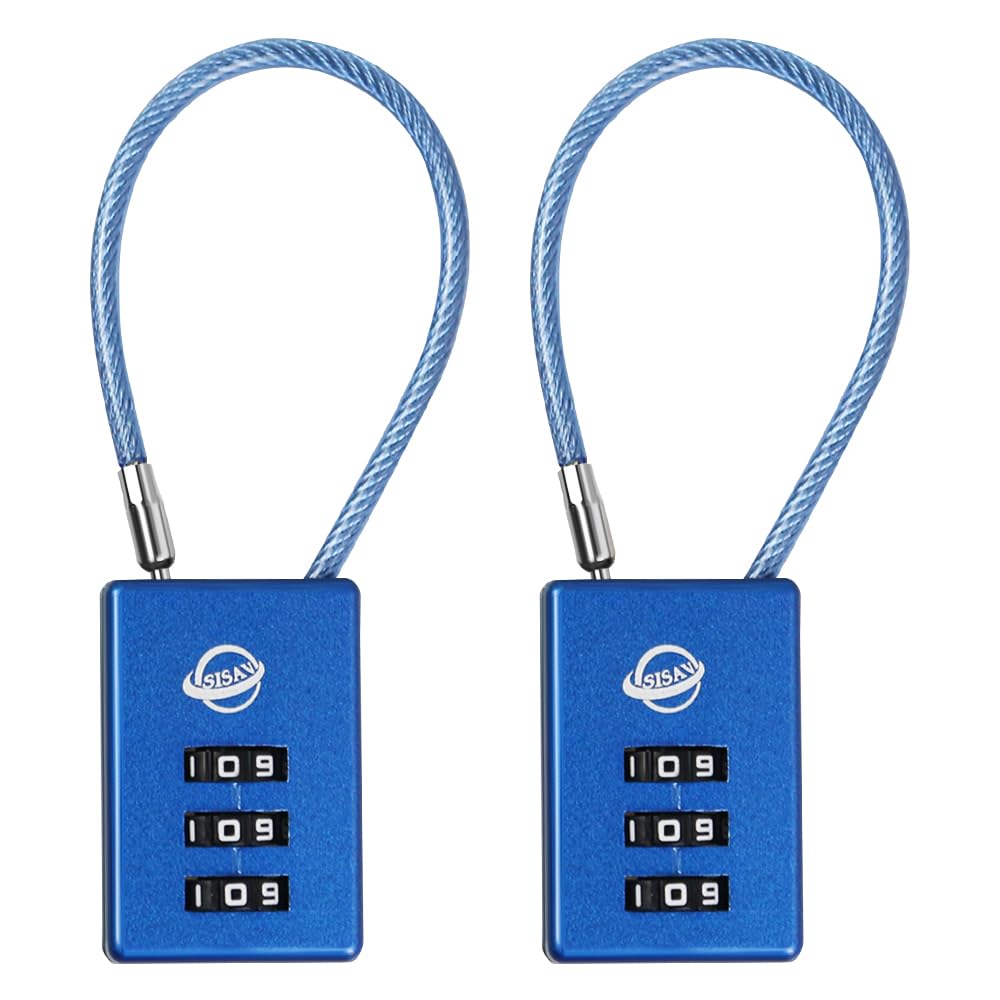 SISAV 3 Digit Cable Combination Lock 5 inches Cable for School Gym Locker,Filing Cabinets,Helmet,Toolbox,Luggage Suitcase,knapsack,Blue 2Pack