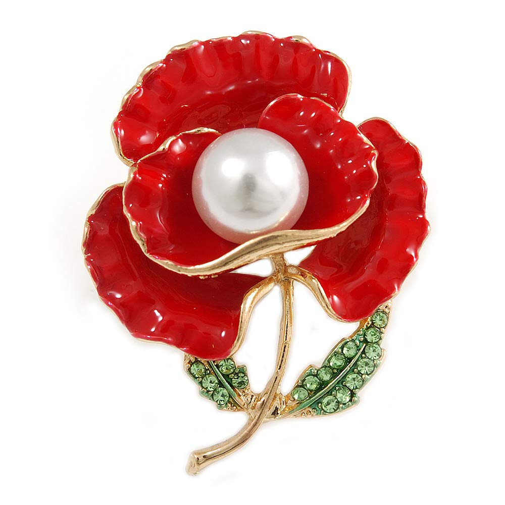 Bright Red Enamel, Faux Pearl, Green Crystal Poppy Brooch In Gold Tone - 45mm Long