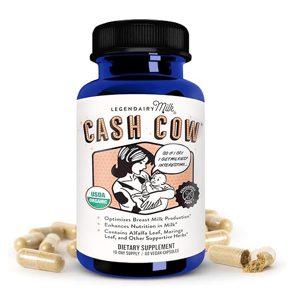 LEGENDAIRY MILK CASH COW LACTATION SUPPLEMENT, MORINGA, ALFALFA, AND GOAT’S RUE BREASTFEEDING SUPPLEMENT FOR MILK SUPPLY INCREASE, FENUGREEK-FREE, CERTIFIED ORGANIC, VEGAN, NON-GMO, 60 CAPSULES