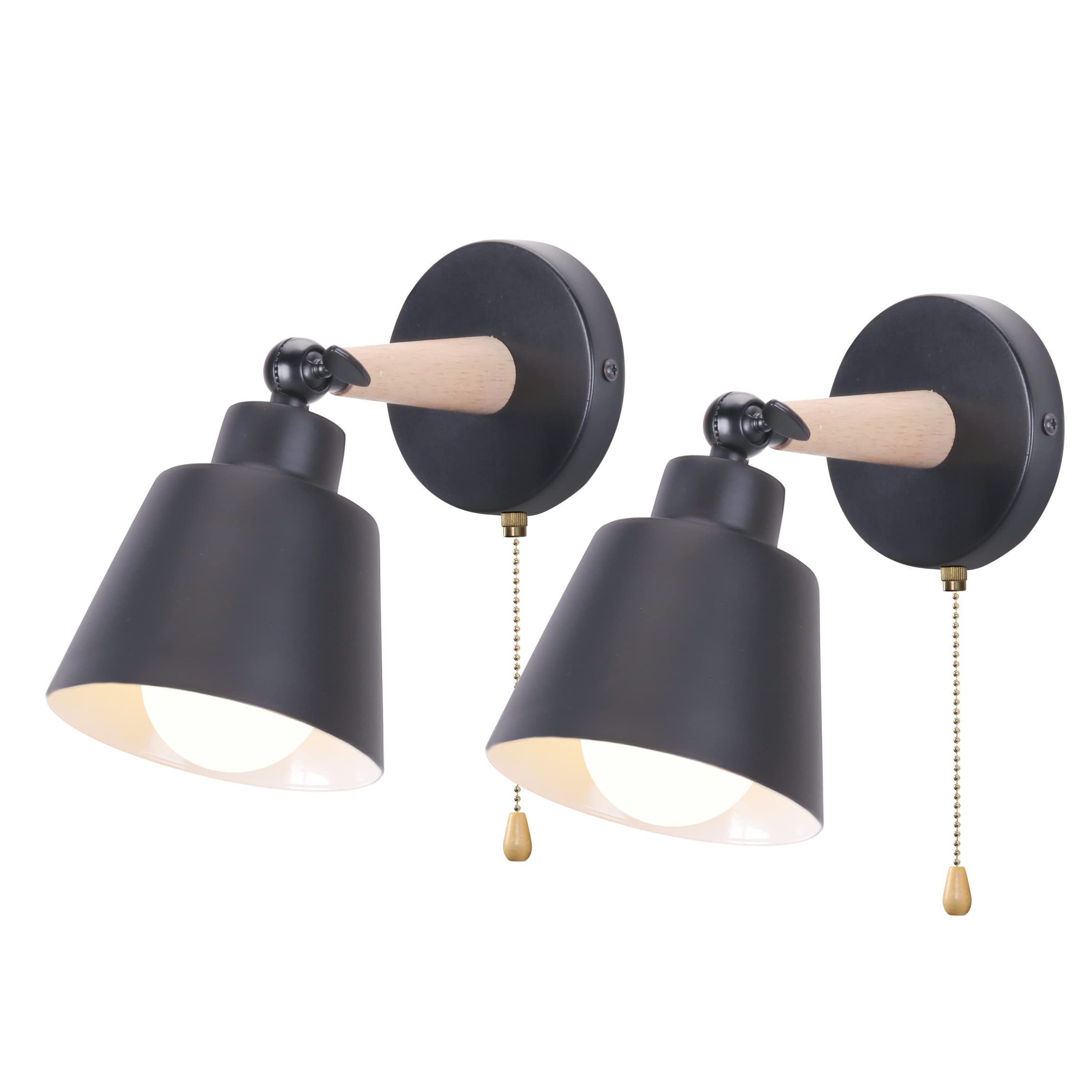 iDEGU Set of 2 Retro Vintage Wall Sconces E27 Industrial Ceiling Light Wood and Metal Adjustable Interior Wall Lamp with Switch Modern for Bedroom Entrance Living Room (Black)