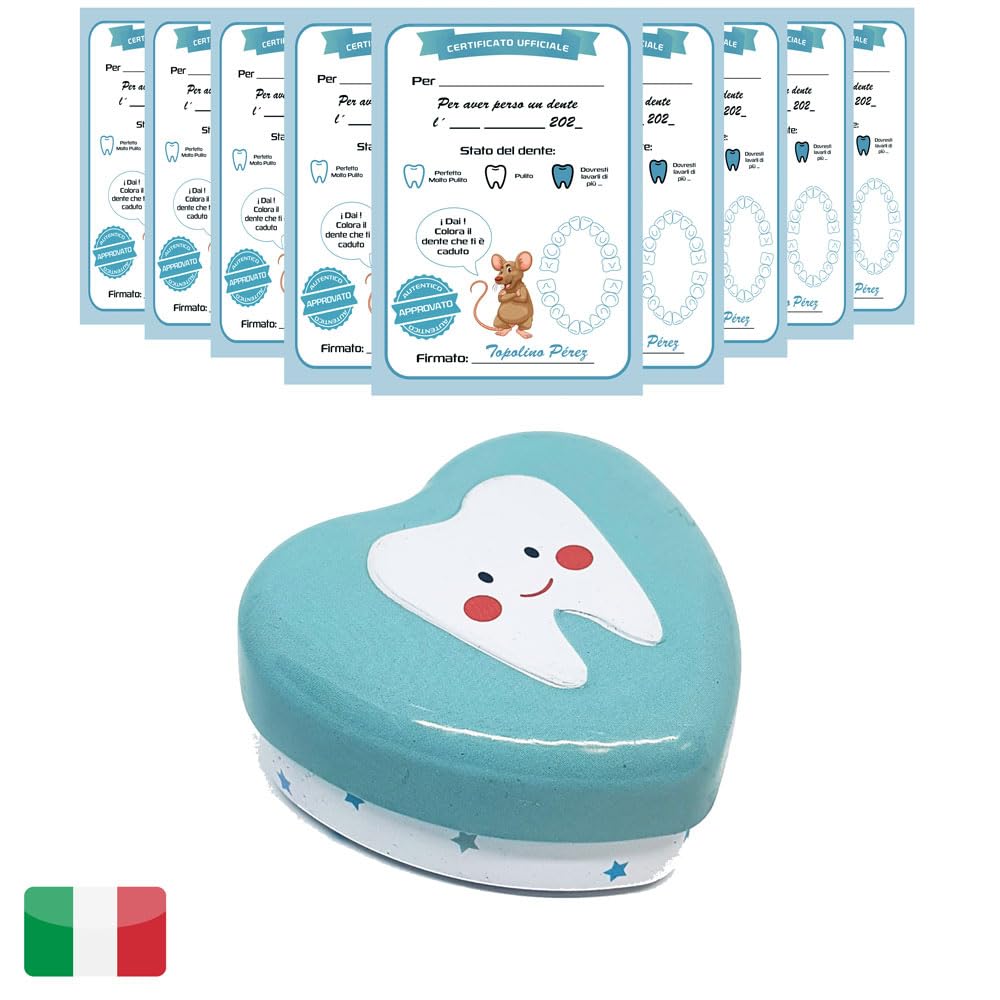 MFS MYFUTURSHOP Myfuturshop® Baby Teeth Box + Letters Mice Perez – A Box of Teeth Storage + 10 Certificates of Clean Tooth – Italian Version – Original Gift for Boys and Girls (Blue)