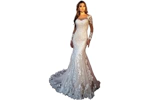 HEGABCH Beach Mermaid Wedding Dresses for Bride 2024 Lace Appliques Long Boho Elopement Bride Dress with Train