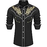 JoZorro Men's Long Sleeve Pearl Snap Shirt Rhinestone Cowboy Cut Western Embroidered Casual Button Down Shirt