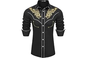JoZorro Men's Long Sleeve Pearl Snap Shirt Rhinestone Cowboy Cut Western Embroidered Casual Button Down Shirt