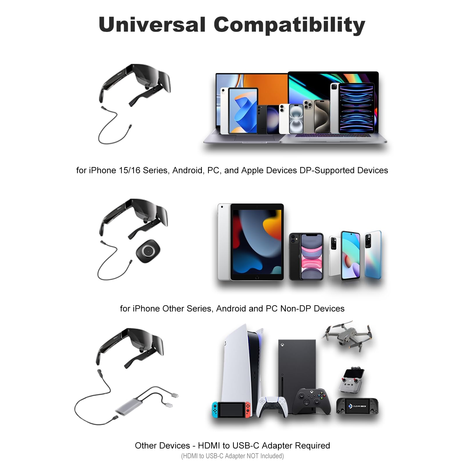 TQSKY T1 AR Glasses C-Port Direct Connection, Smart Glasses with 150'' 1080P HD Screen, up to 600D Myopia Adjustment, for Large-Screen Entertainment, Home Theater, Travel, Outdoor Camping