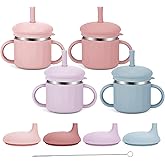 Upgrade Stainless Steel Baby Sippy Cups, 7.4 Oz Spill Proof Toddler Straw Cups, 3 Stages Training Cup for Toddlers 1-3 Year, Kid Cups with Silicone Sheel and Straws, 4 Colors (Coral+Blue+Pink+Purple)