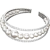 Qcrcandy Multi Row Crystal Pearl Cuff Rhinestone Bridals Bangle Layered Beads Cuff Bracelet for Women