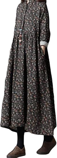 Zhongjue ジュージェン レディース 花柄ワンピース 長袖 森ガール ゆったり ロングワンピース マキシワンピース フェミニン 秋 ワンピース 10黒 ワンピース チュニック 通販 Amazon