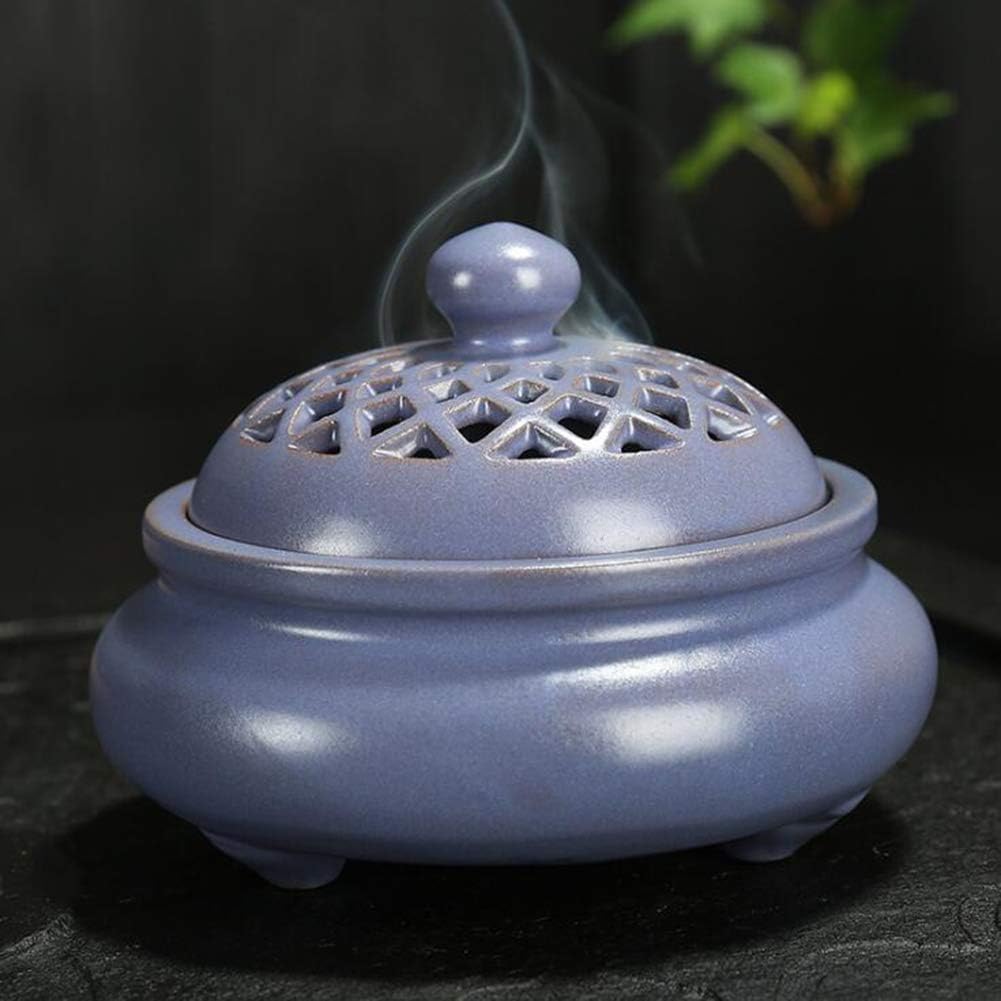 NAGU 100% Handmade Ceramic Incense Burner Holder,Round with Lid Three-Legged Openwork Incense Ash Tray,Retro Home Office Decorations