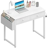 Lufeiya Small White Kids Desk with Drawers for Bedroom, 32 Inch Home Office Desks with Fabric Storage Drawer and Bag, Study Writing Vanity Table for Small Spaces, White