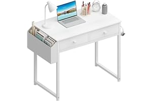 Lufeiya Small White Kids Desk with Drawers for Bedroom, 32 Inch Home Office Desks with Fabric Storage Drawer and Bag, Study Writing Vanity Table for Small Spaces, White