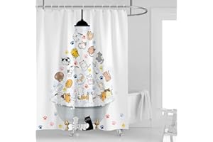 Kikiry Cute Cat Shower Curtain 60''W x 72''L Kids Children Cartoon Animal Pattern Hilarious Funny Colorful Pet Paw Lovely Bathroom Curtain Polyester Fabric Waterproof 12 Pack Plastic Hooks