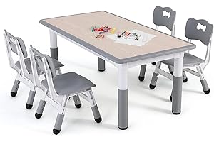 CHIIRAKU Kids Table & 4 Chairs Set – Height Adjustable, for Ages 3-8, Easy-to-Clean Arts & Crafts Table, Ideal for Classrooms