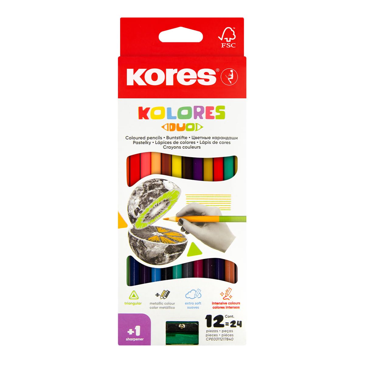 Kores - Kolores Duo - Double Coloured Pencils - Coloured Pencils with Triangular Shape, FSC Wood, Sharpener Included - Back to School Supplies - Pack of 12 Colours, 24 Pencils
