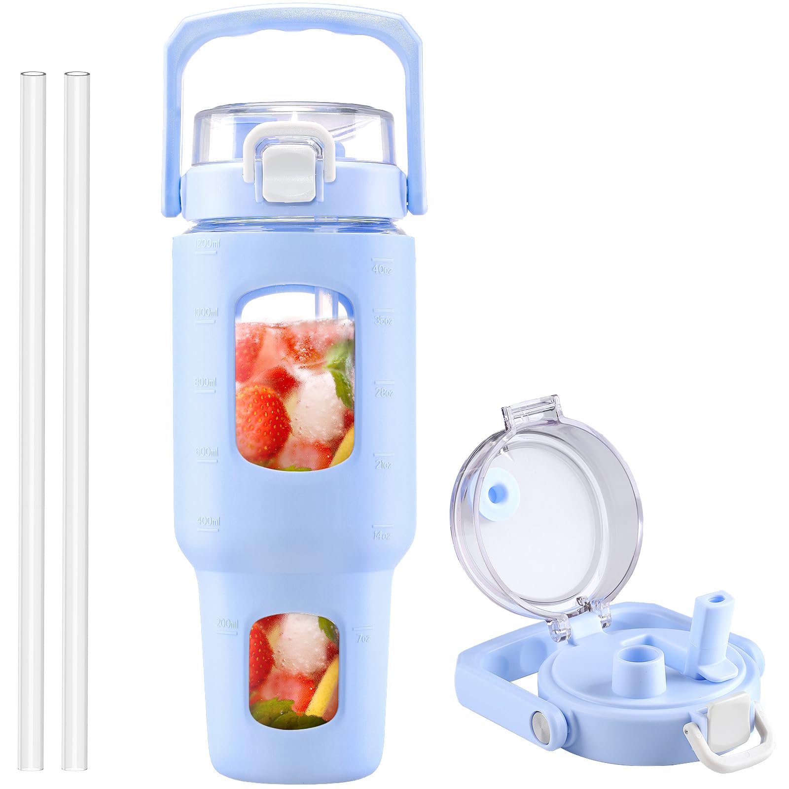 Photo 1 of BLUEGO 40 oz Glass Water Bottle With Straw, Leakproof With Time Marker and Silicone Sleeve, Wide Mouth for Travel, Gym, Workout, Blue