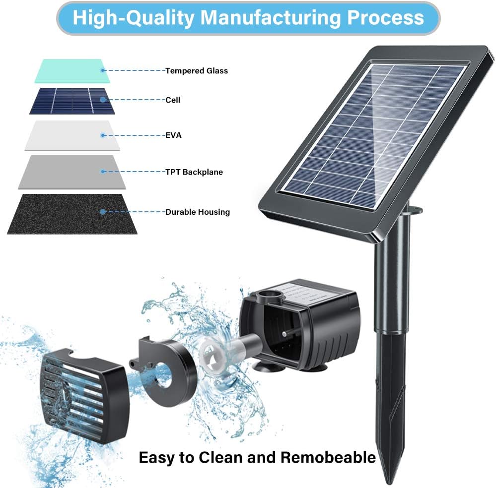Pendoo Solar Fountain Pump, Solar Powered Water Fountain Pump Outdoor Built-in 1800mAh Battery with Night Work LED Lights, 6 Water Styles for Garden Pool Bird Bath Outdoors Ponds Solar Water Pump Kit: Home Improvement