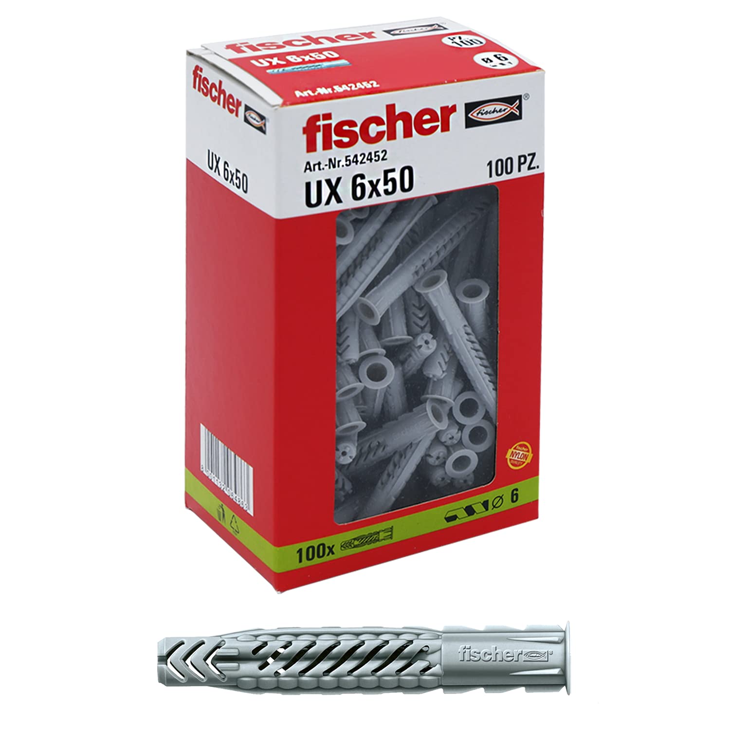 Fischer 542452 Dowel UX, Grey, 6 x 50 mm, Pack of 100