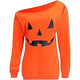 lymanchi Women Slouchy Shirts Halloween Pumpkin Long Sleeve Sweatshirts Pullover
