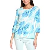 Jones New York Women's Printed Moss Crepe Crewneck with 3Q Puff, NYC White Multi