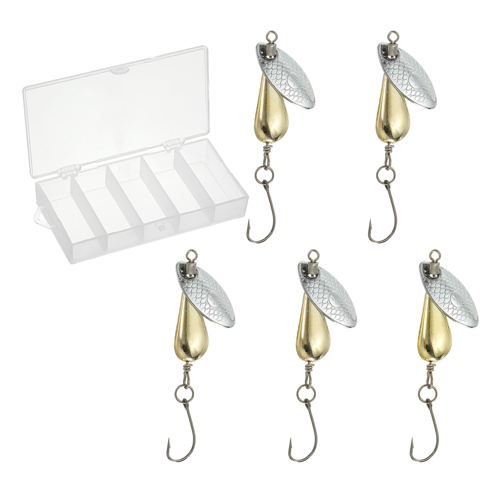 PATIKIL Fishing Spinners 1/4 oz, 5 Pack Single Hook Trout Lures Teardrop Fishing Lures Inline Spinner with Tackle Boxes for Freshwater Saltwater Fishing, Gold Tone