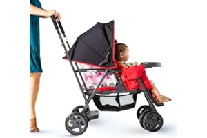 Joovy Caboose Sit and Stand Double Stroller with Rear Bench and Standing Platform, 3-Way Reclining Seats, Optional Rear Seat, and Universal Car Seat Adapter (Red)