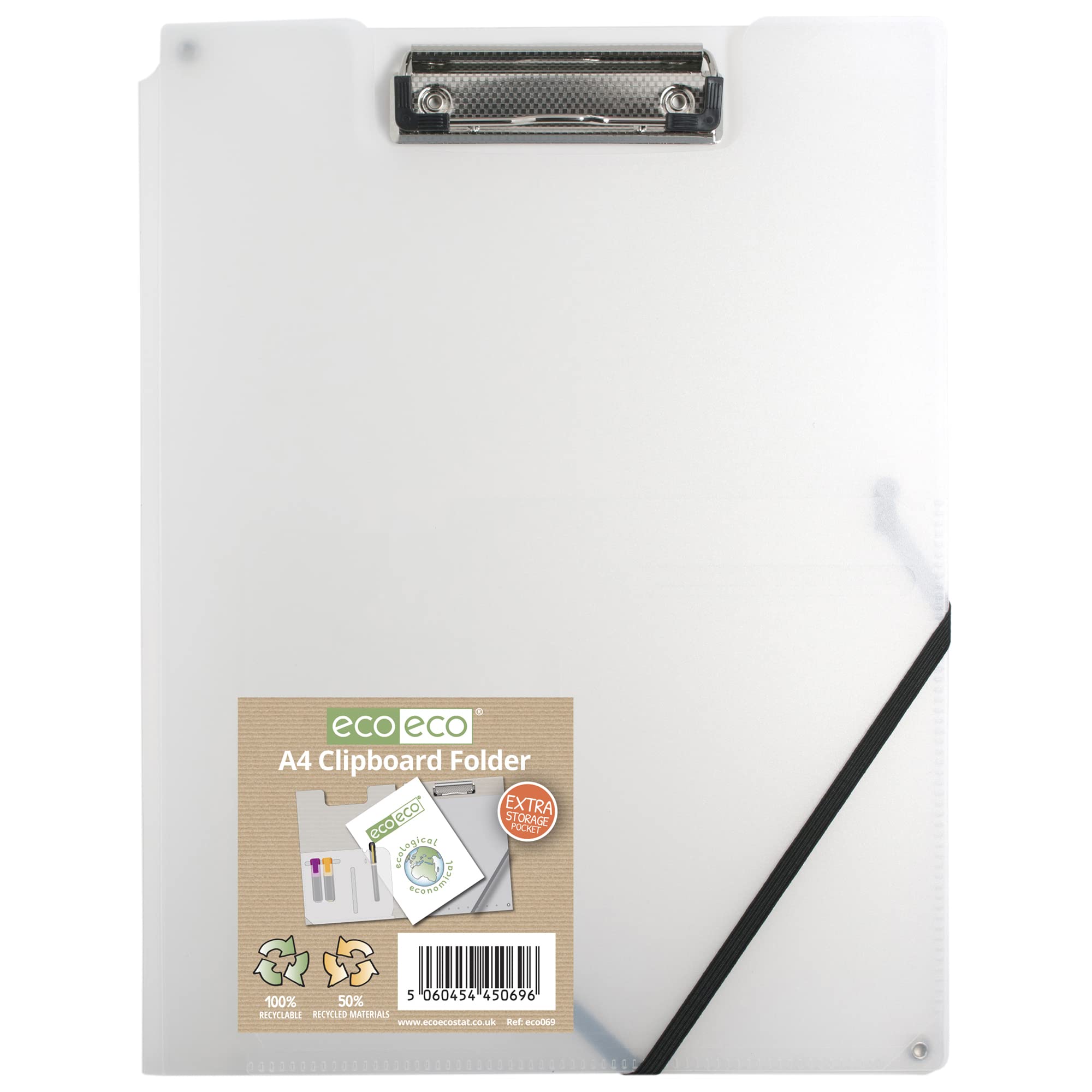 eco-eco A4 50% Recycled Clear Folder with Inside and Back Storage Pocket, Clip and Pen Holder eco069CL