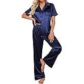 Ekouaer Silk Pajamas for Womens Set 2 Piece Satin Pjs Soft Button Down Sleepwear Wide Leg Long Pants with Pockets