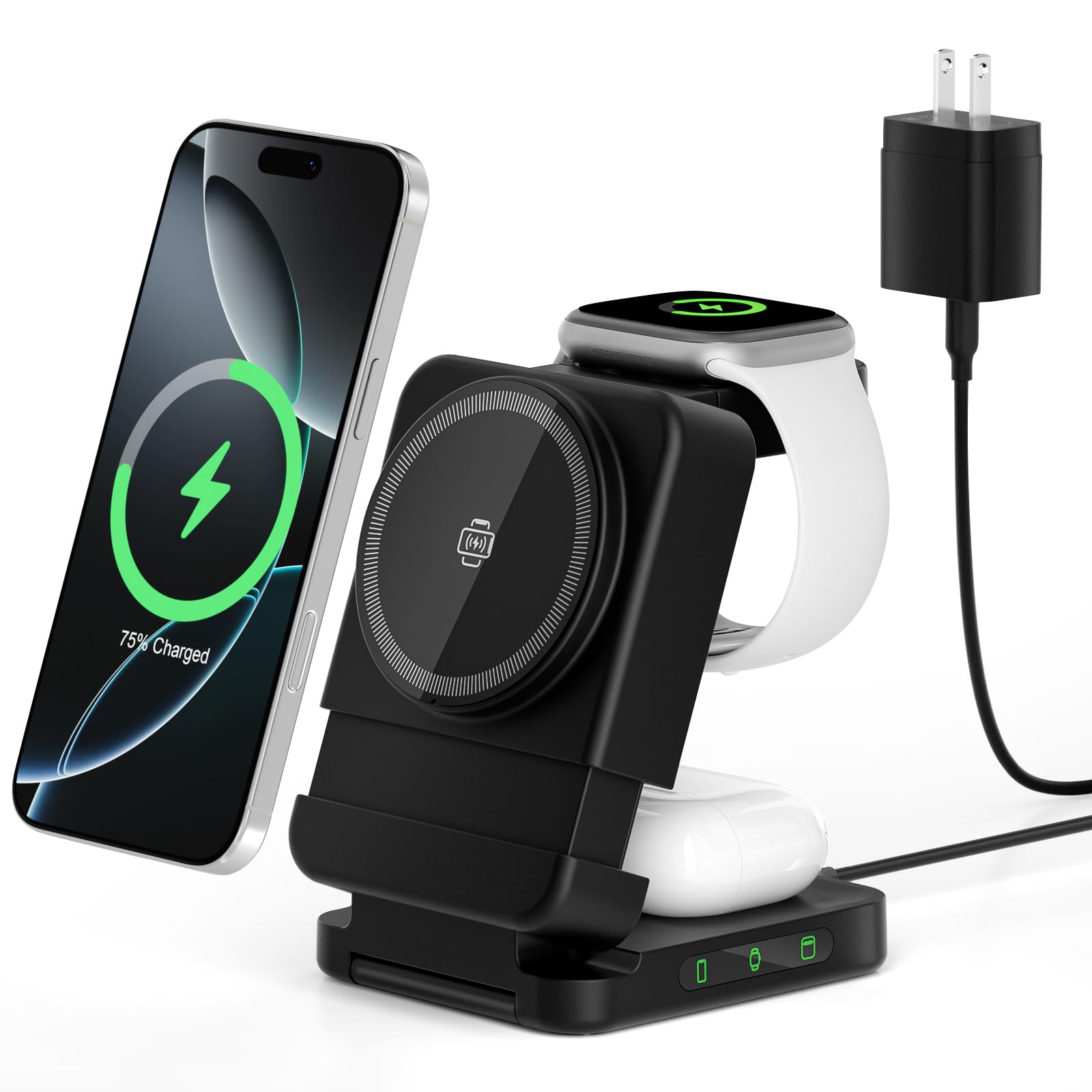 Wireless Charger 3 in 1, Foldable Charging Station for Apple Samsung Multi Devices Charging, Magnetic Charging Stand, Portable Travel Fast 15W Charger Station for iPhone, TWS, iWatch (Black)