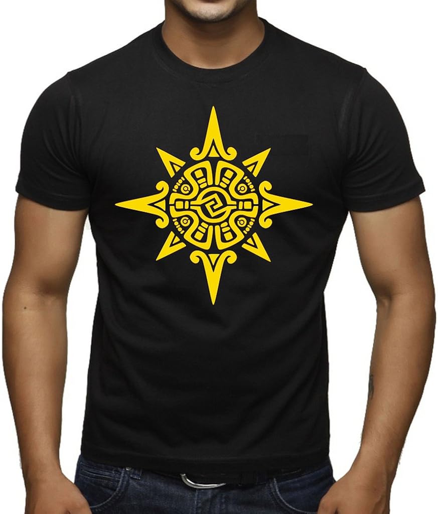 Yellow Ancient Aztec Sun Symbol Tee V383 Men s Black T Shirt Black 