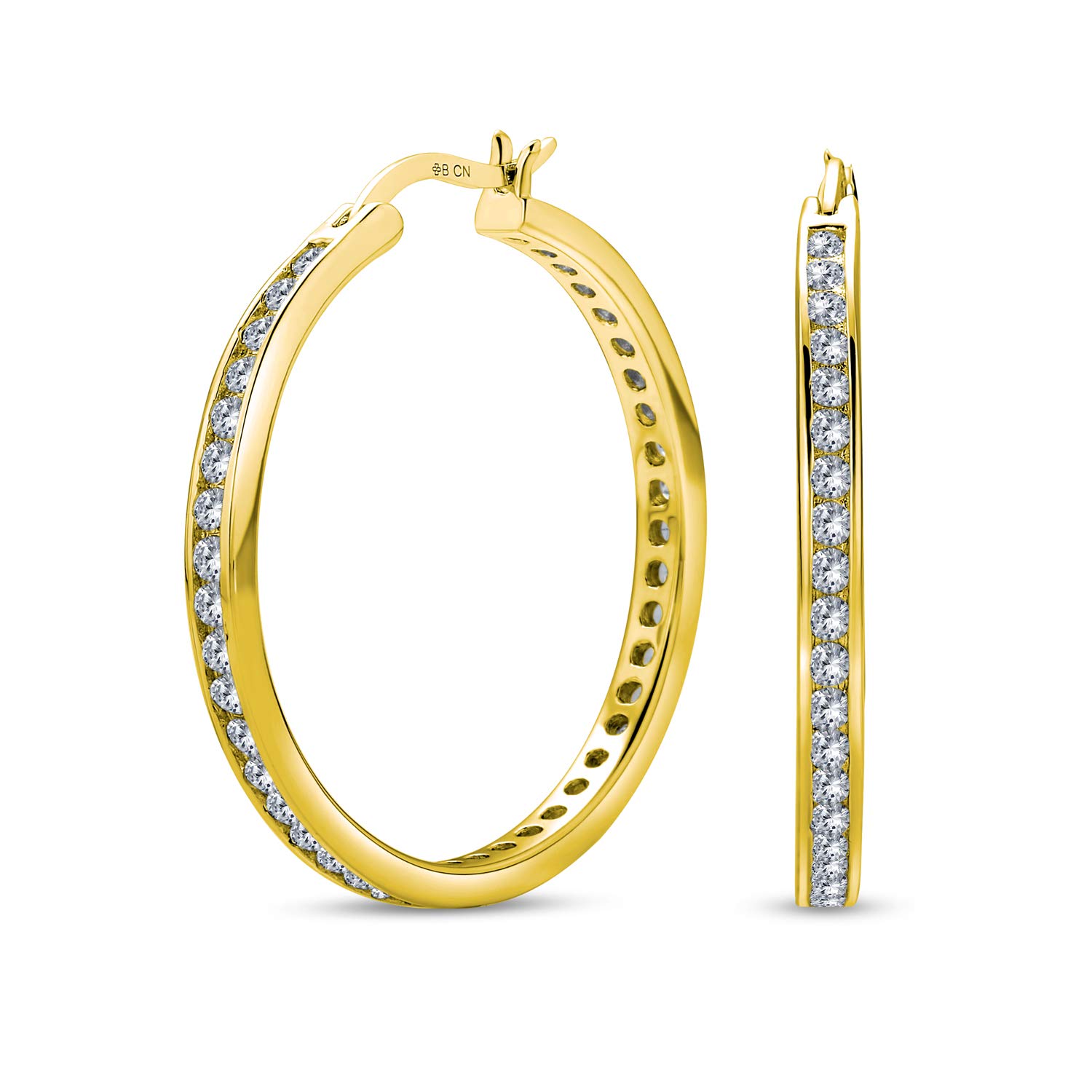Cubic Zirconia Pave CZ Large Statement Big Hoops Earring For Women Yellow Gold Plated .925 Sterling Silver 1.5 Inch Diameter
