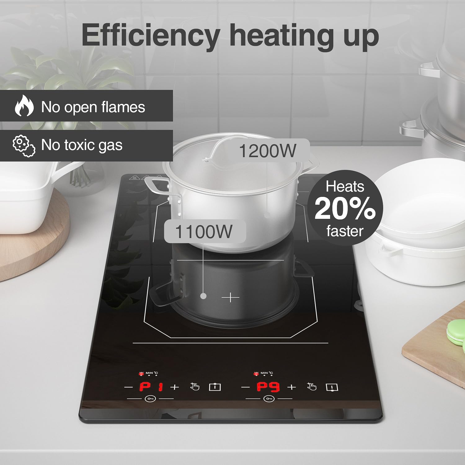 2 Burner Induction Cooktop, 12 Inch Portable Electric Stove Top 110V Built-in - 2300W Double Cooktop with 9 Temp Settings & Timer, Perfect for RV, Dorm, Camping & Small Kitchens