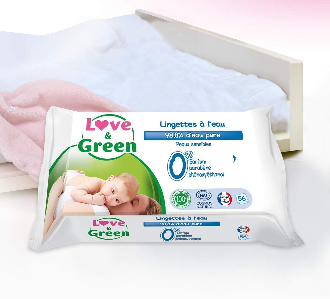 Love & Green Healthy and Ecological Water Wipes, Pack of 56 Wipes, Cosmos Natural Certified by ECOCERT and FSC, Recyclable Packaging - Image 4