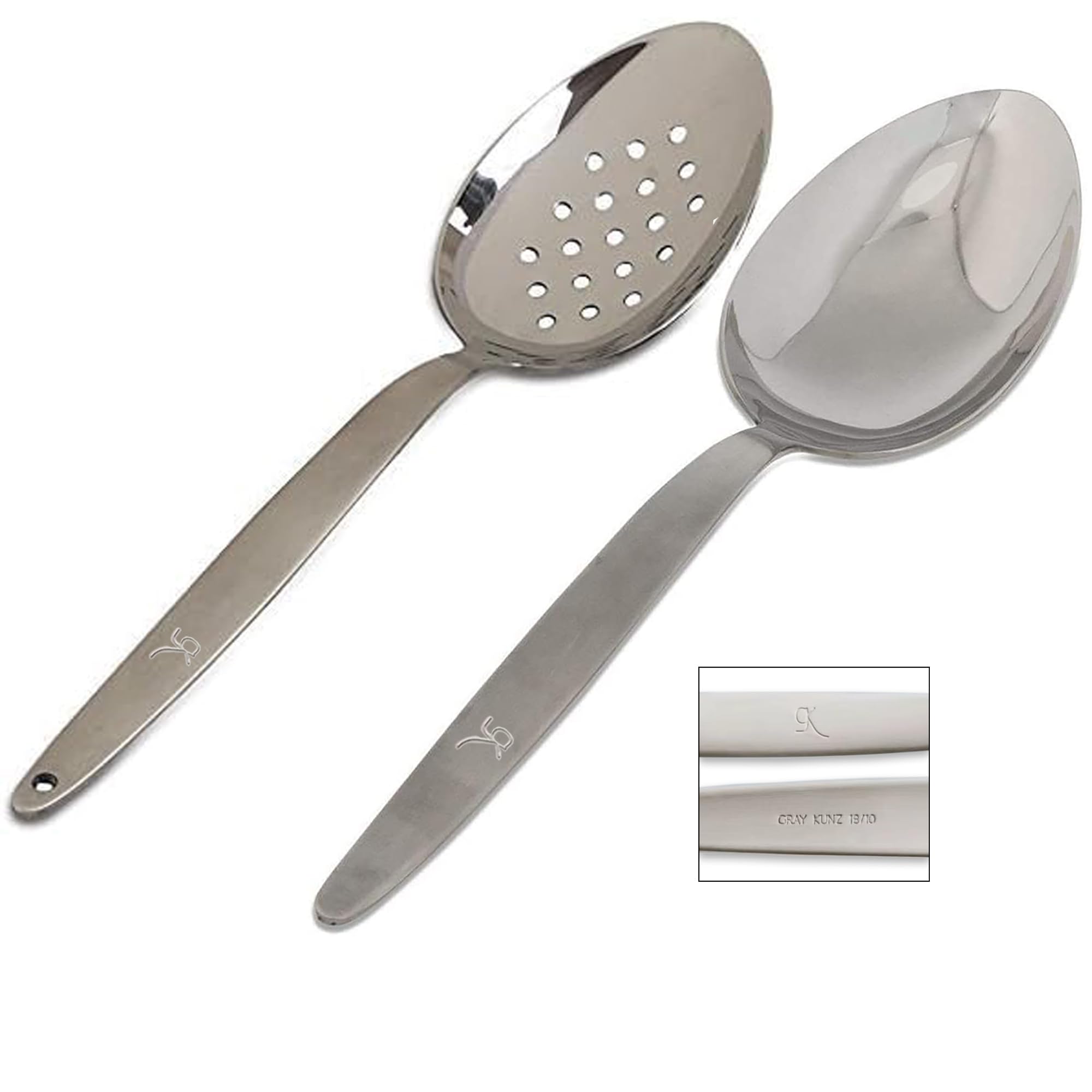 Photo 1 of BNAZIND Kunz Perforated and Regular Set | Pack of 2 | 18/10 Stainless Steel | 9 Inch Cooking Dinner Serving Basting Quenelle Chef Spoon |